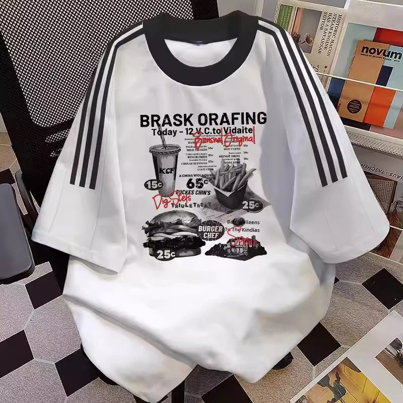 大码300斤美式个性创意三条杠纯棉短袖t恤男女夏季宽松显瘦打底衫