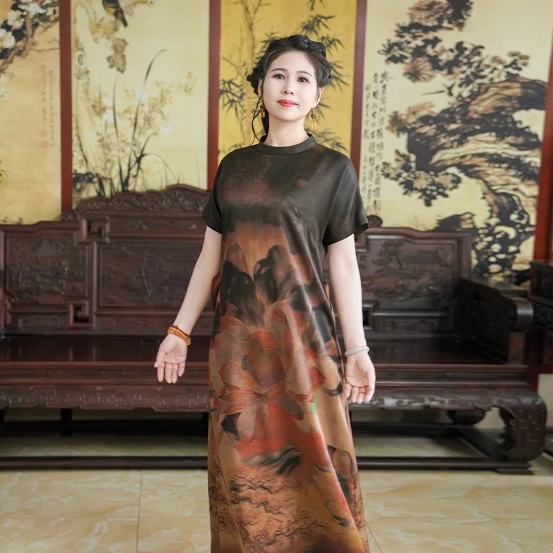 祥安姿服饰M（荷颂）香云纱小圆立领系带腰带印花连衣裙G450322-1