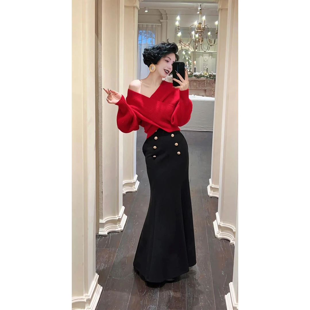 LYXJ【马黛玫瑰】秋冬针织露肩毛衣10717