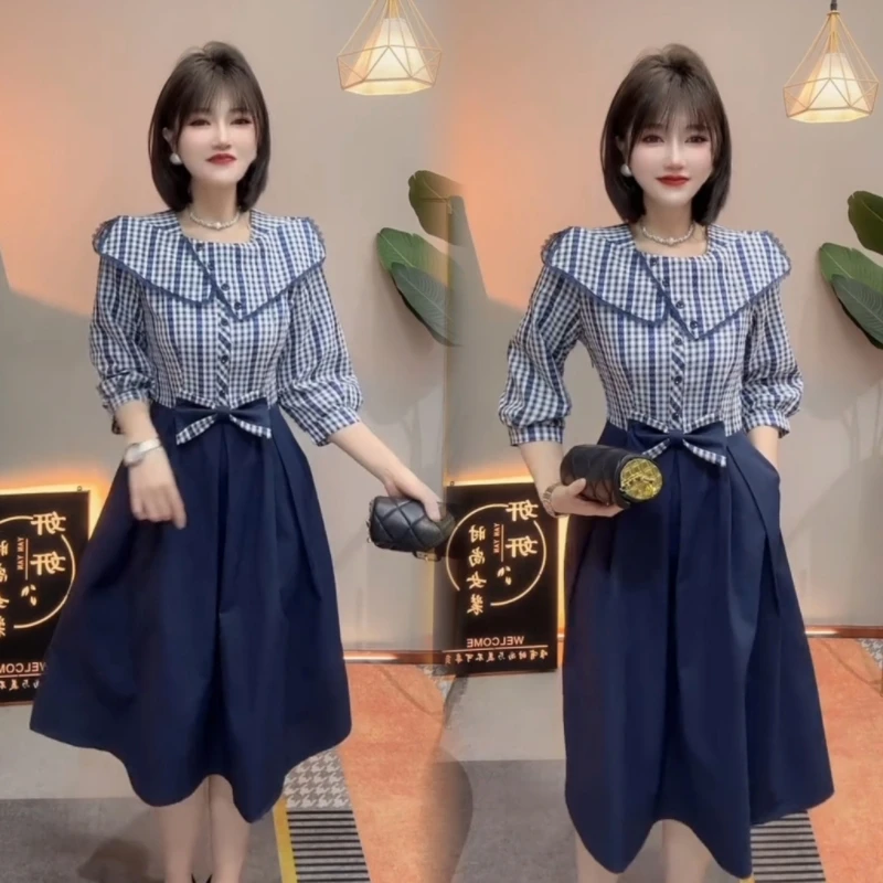 时尚拼接收腰连衣裙女显瘦韩版格纹中长款连衣裙设计感拼接裙子女