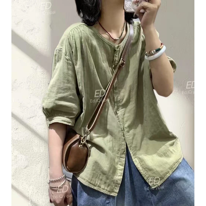 2025夏季新款宽松气质大码短袖衬衣休闲百搭纯色衬衫文艺圆领上衣