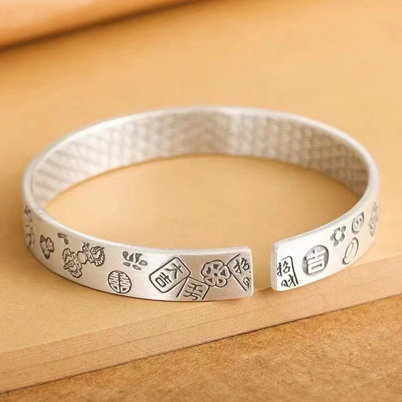 银9999招财猫手镯男女国风开口实心银镯子男女平安喜乐银手环