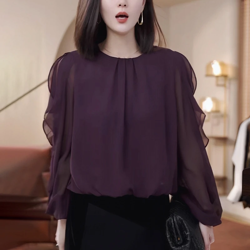 2025秋季新款法式女士紫色衬衫洋气减龄显瘦设计感木耳边上衣