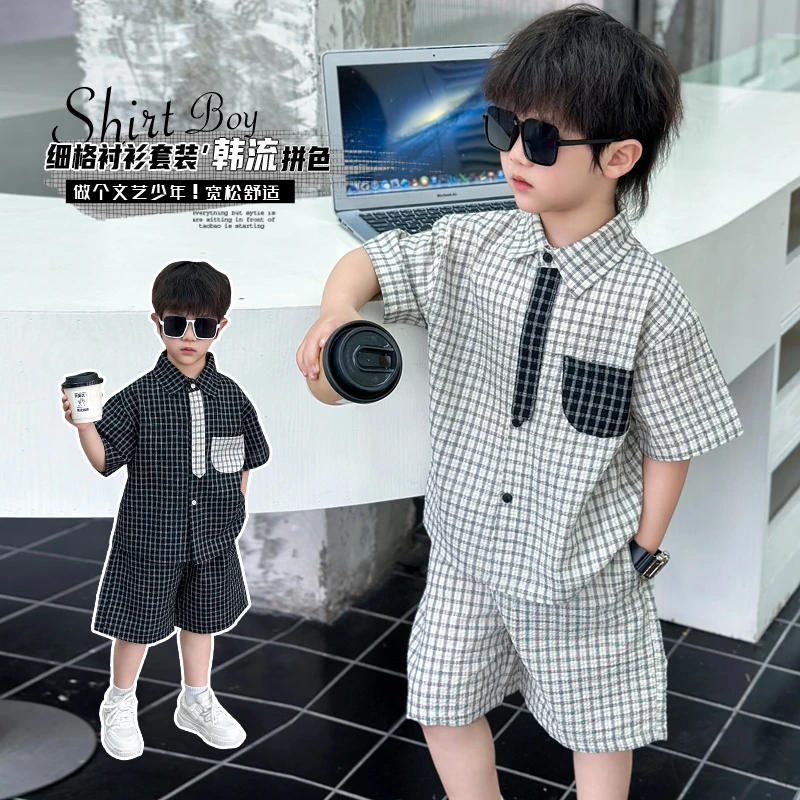 夏款衬衣短袖短裤两件套清爽韩系儿童男童洋气舒适宽松文艺中小童