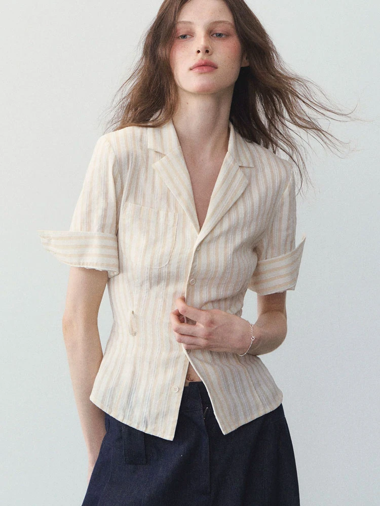 法式设计感韩系绝美高级感气质收腰绑带西装领条纹短袖衬衫上衣女