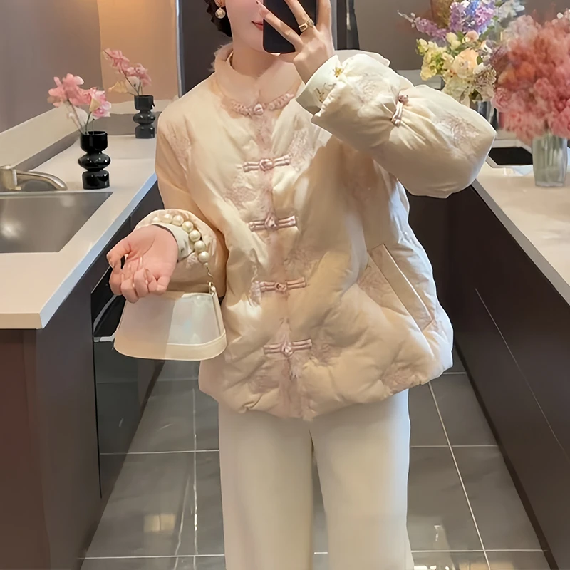 【中式美学】2025冬季新款国风加厚保暖棉服女士高级感阔腿裤两件套