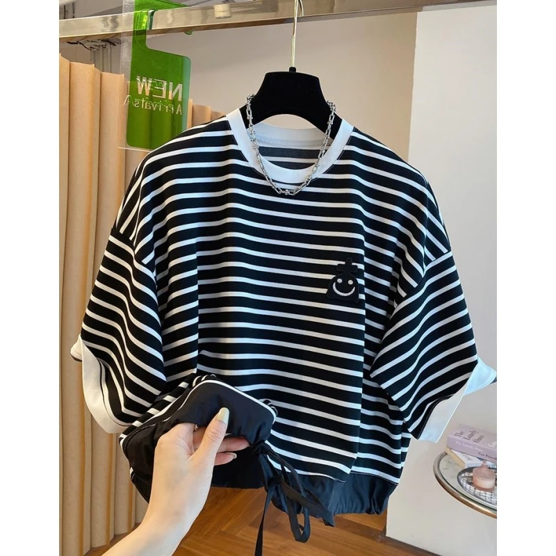 6644韩系小个子短款条纹t恤女短袖新款宽松笑脸刺绣抽绳收腰上衣