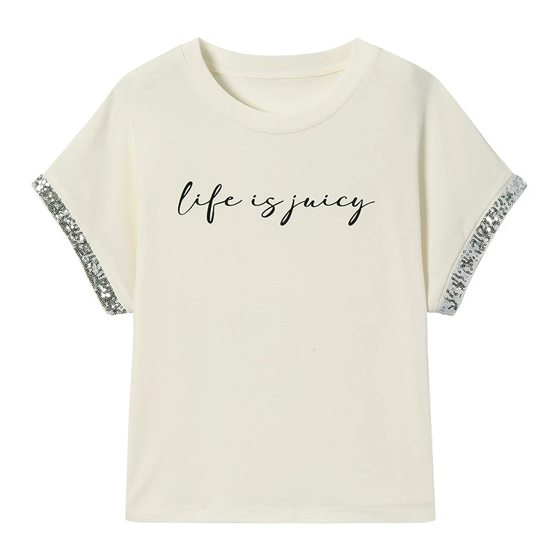 Juicy Couture橘滋2025新款亮片绣印花微弹圆领落肩短袖T恤上衣女