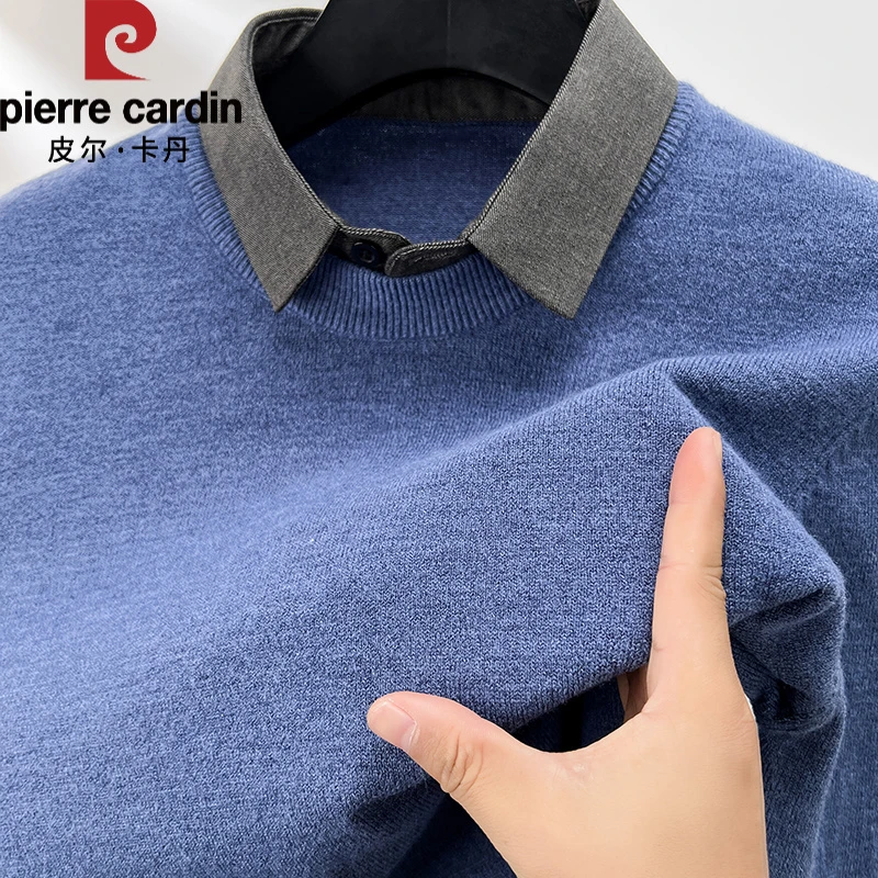 皮尔卡丹衬衫领假两件毛衣男士秋冬季新款保暖打底长袖针织衫上衣