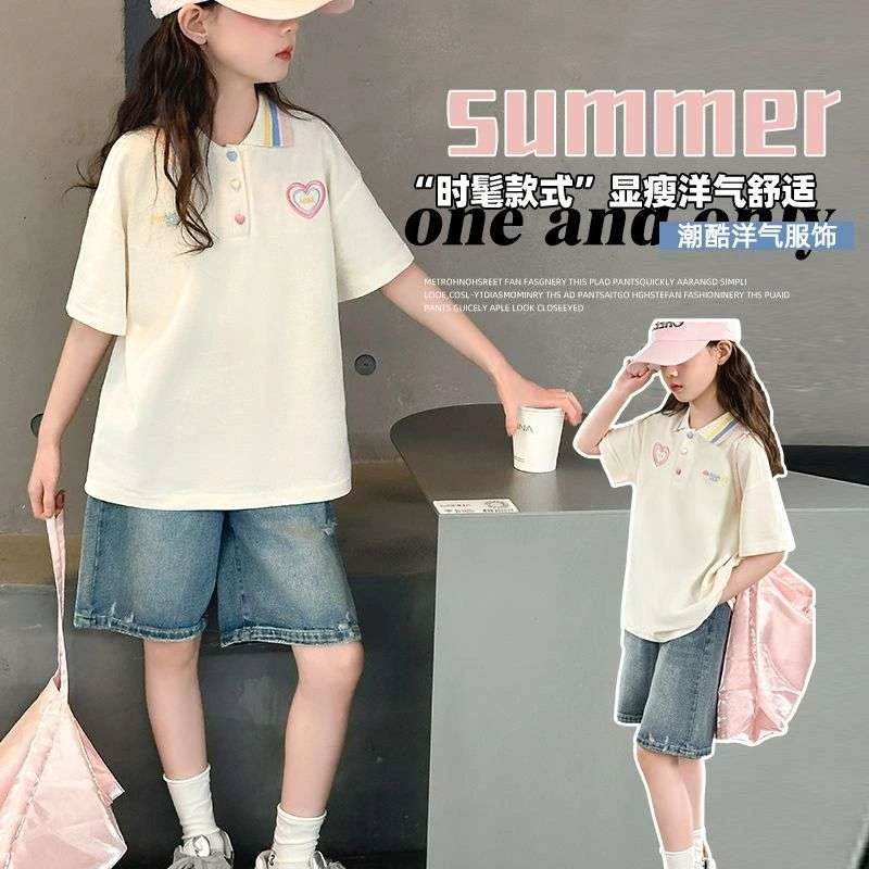 五分裤套装～女童夏季短袖POLO衫套装2025新款牛仔短裤套装