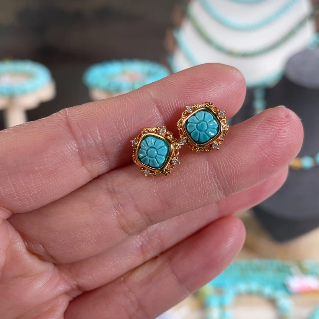 绿松石银S925镶嵌套链银耳饰