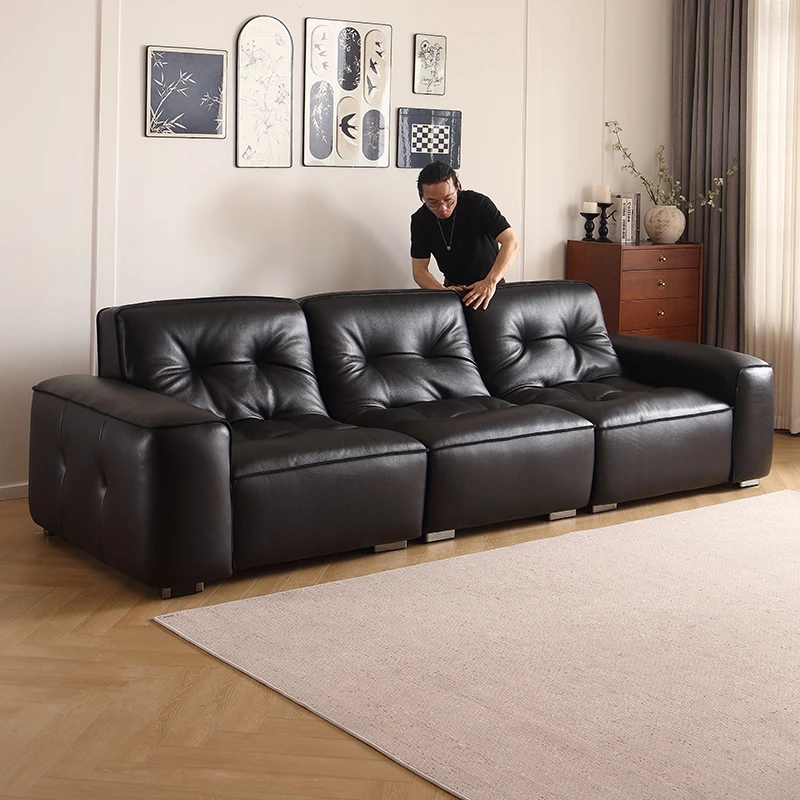 路思沃登黑金刚沙发意式复古直排沙发客厅真皮沙发黑色大黑牛沙发