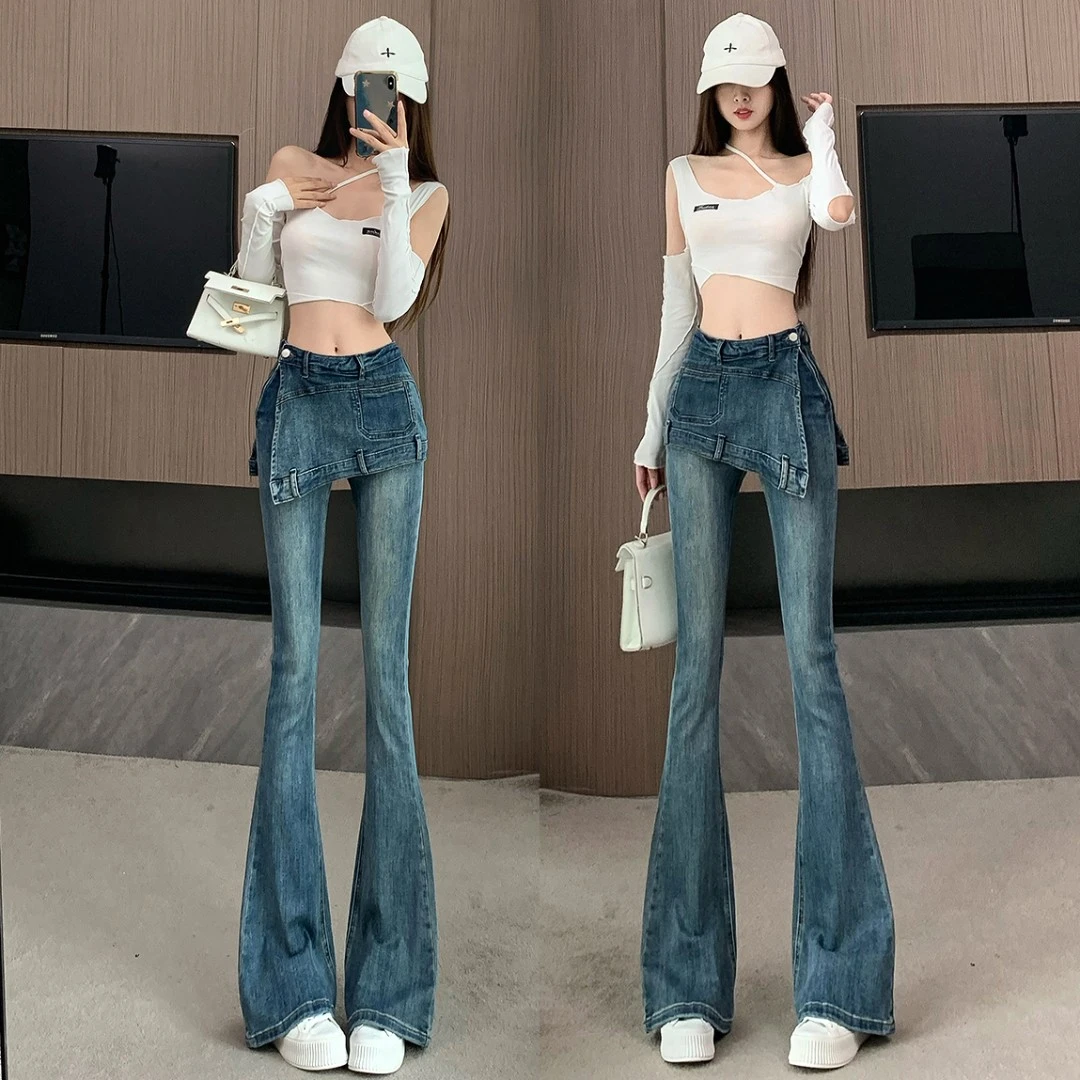 高腰修身显瘦拖地裤2025春秋复古蓝美式辣妹假两件微喇叭牛仔裤裙