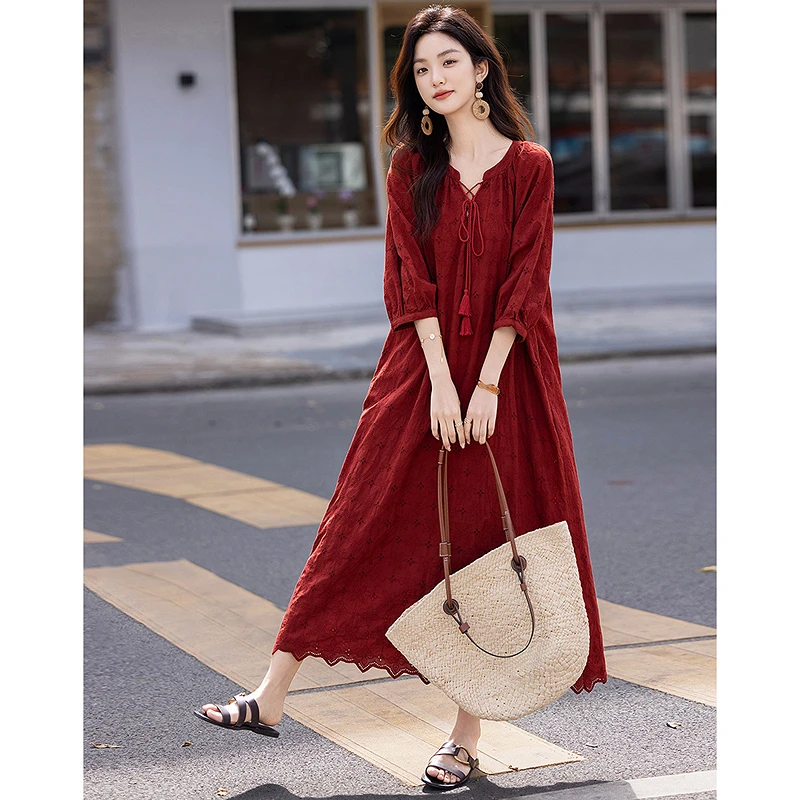 dme德·玛纳清新纯棉水溶蕾丝刺绣流苏棉绳荷叶边连衣裙