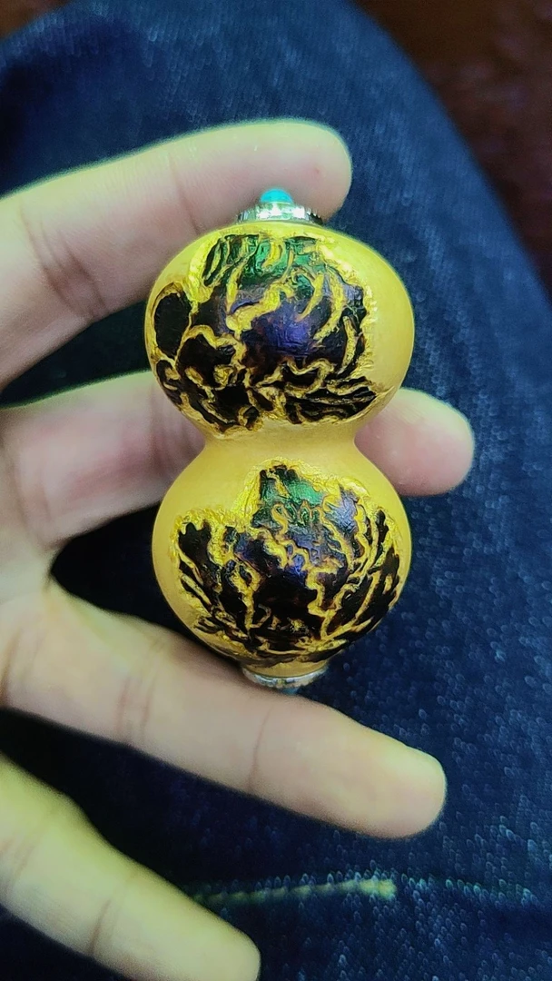 天然葫芦烙画雕刻双镶口手把件文玩葫芦特色手工艺天然木葫芦福禄