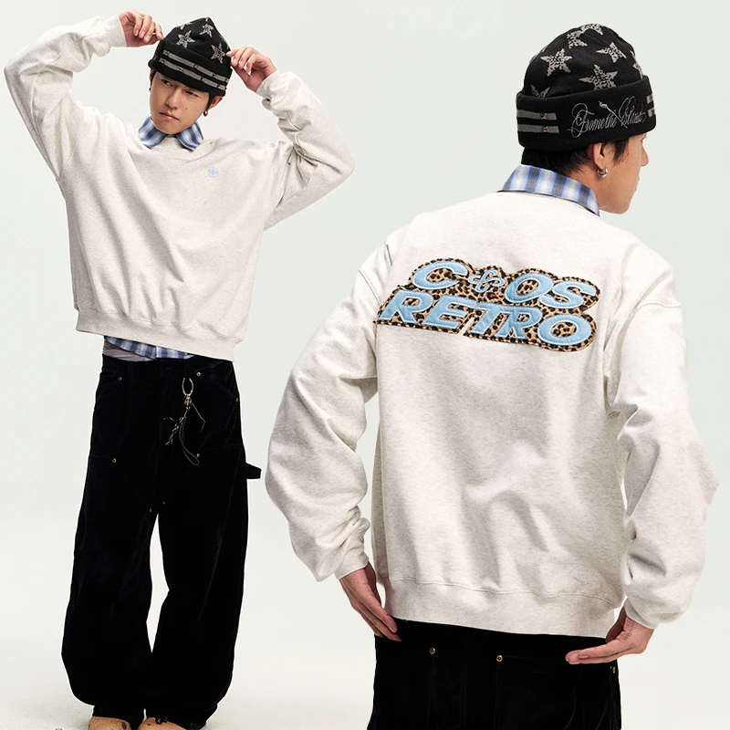 CoosRetro 秋季美式潮牌男士豹纹撞色贴布刺绣logo圆领运动卫衣