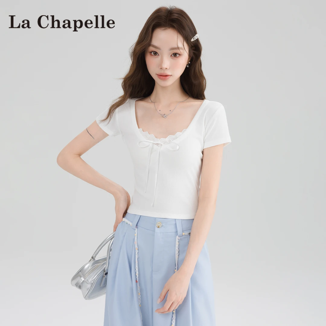 拉夏贝尔白色纯欲蕾丝短袖t恤女夏季2025新款修身正肩设计感上衣