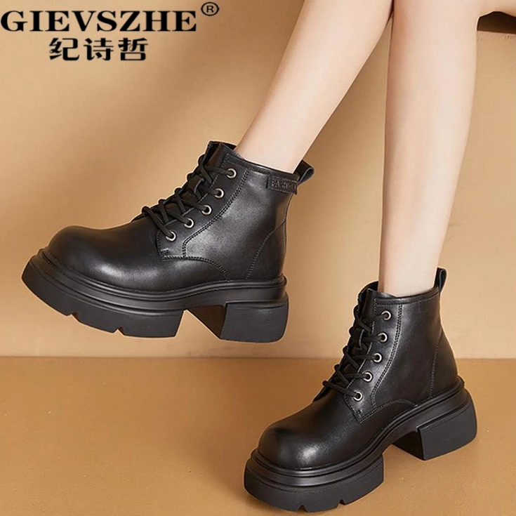 纪诗哲厚底时尚马丁靴女2025秋季新款真皮复古小个子户外短靴女