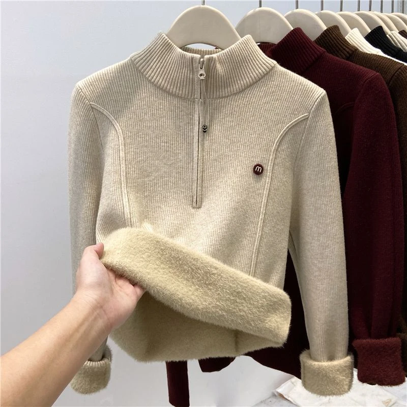 一体绒加厚毛衣女秋冬新款半开领拉链针织打底衫修身保暖内搭上衣