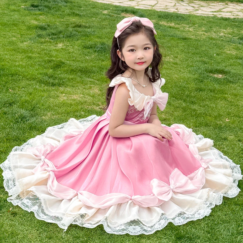 女童2025夏新款粉色灰姑娘公主连衣裙蝴蝶结蓬蓬裙礼服高定款生日