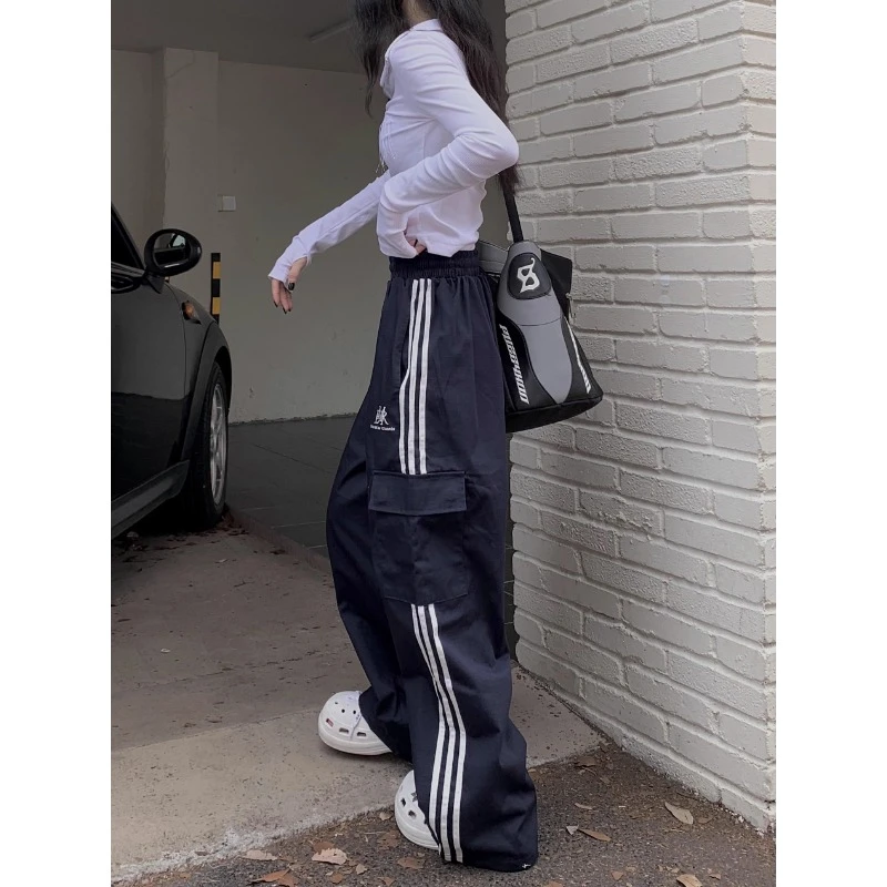 美式复古侧边条纹工装裤女春秋高腰宽松直筒百搭三条杠阔腿休闲裤