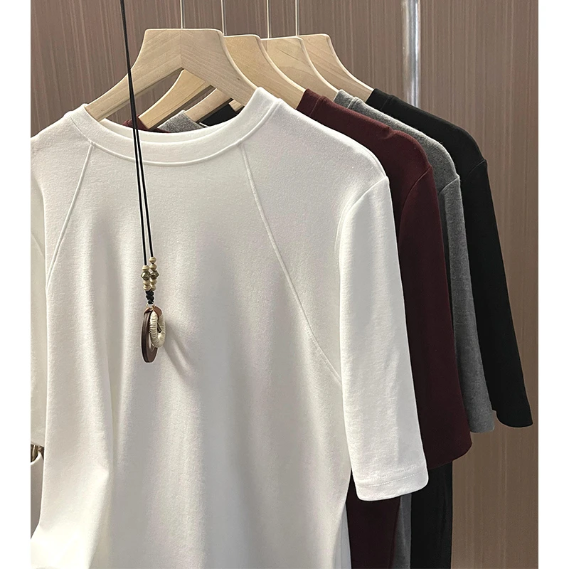 设计感中袖2025夏季新款半袖正肩五分袖纯色宽松遮肉显瘦T恤休闲