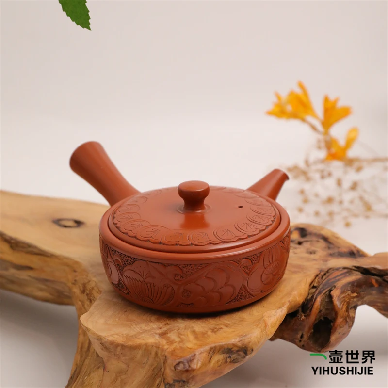 常滑烧纯手工日式紫砂侧把陶茶壶 舜园作 杜泉雕 朱泥 雕花 140ml