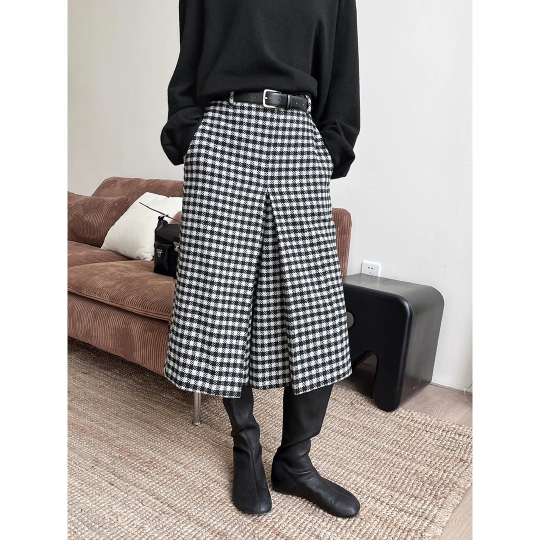 冬季复古格纹毛呢羊毛七分工字褶A字裙裤高腰女加厚秋冬洋气格子