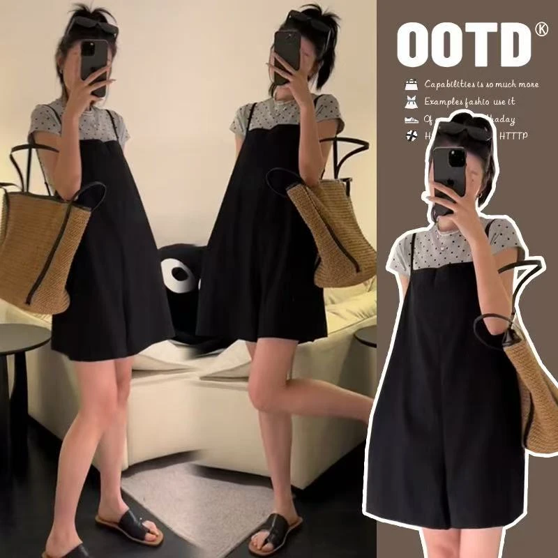 孕妇装夏季2025新款孕妈减龄俏皮背带裤波点T恤上衣外穿时尚