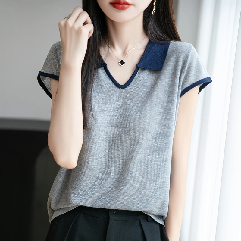 轻薄2025POLO透气新款短袖女小衫冰丝撞色领减龄针织气质翻领T恤