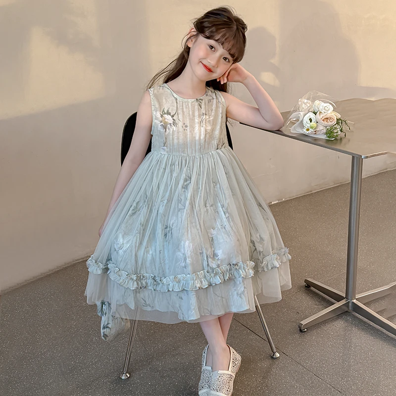 女童连衣裙夏季2025新款中大童洋气儿童无袖背心裙小女孩甜美碎花