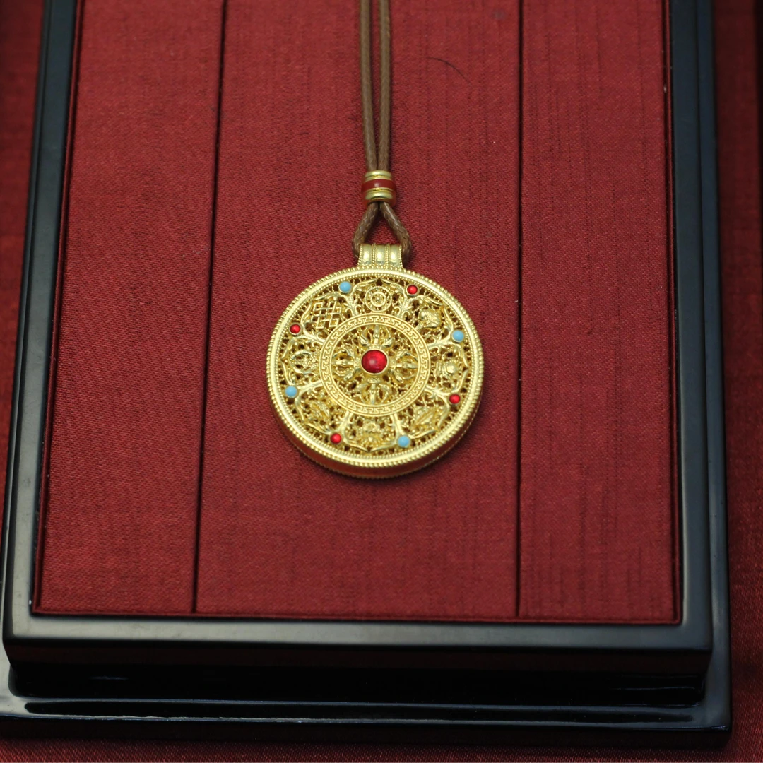 吊坠足银 手工古法珐琅八宝罗盘吊坠双面传承花丝工艺