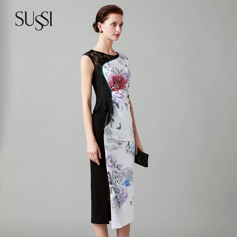 SUSSI/古色夏新中式中国风气质优雅显瘦印花修身女士旗袍裙女