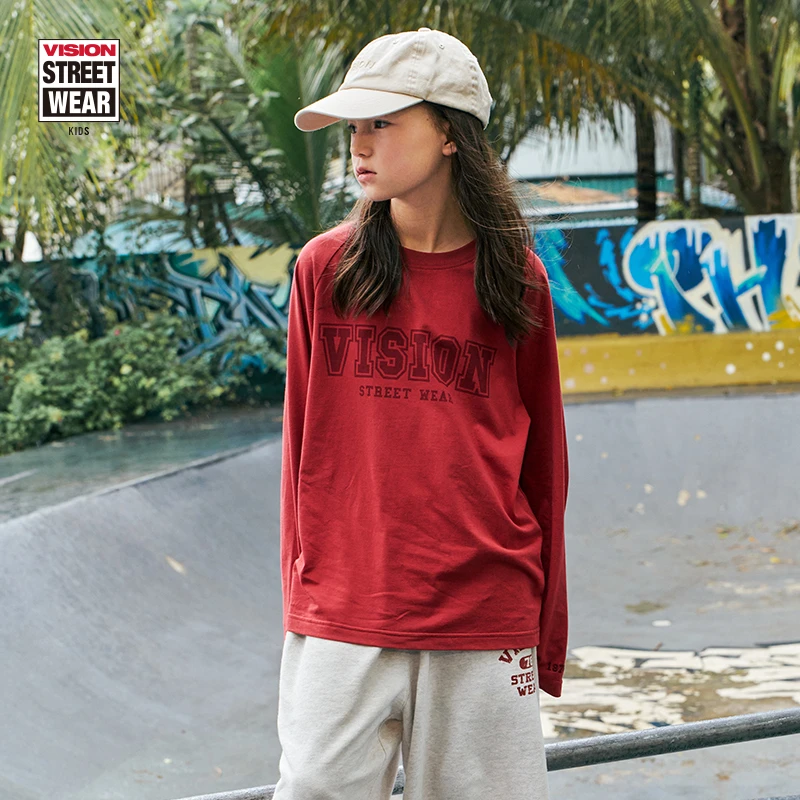 VISION童装 美式复古经典LOGO宽松运动休闲插肩长袖T恤百搭打底