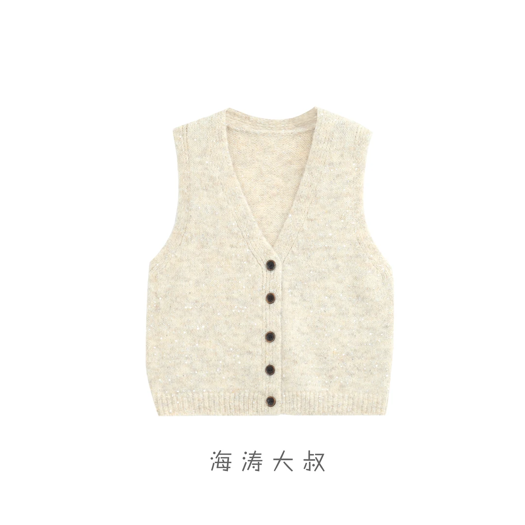 【海涛大叔】亮片针织混纺V领无袖马甲 MJA748