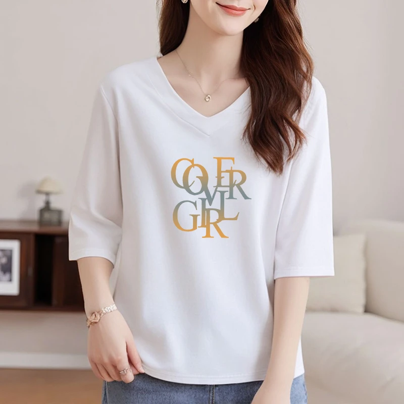 100%棉七分袖大版t恤女v领2025新款大码宽松遮肚半袖女中袖上衣夏