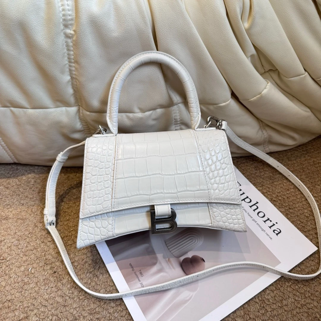 95新 Balenciaga/巴黎世家 白色 鳄鱼压纹牛皮 沙漏包S/643363662