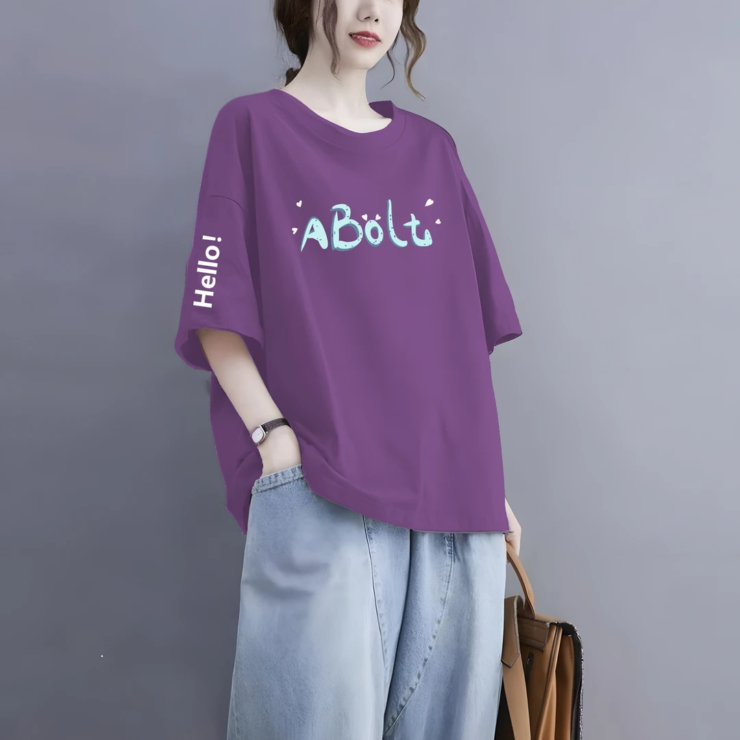 时尚潮牌夏季新款纯棉圆领短袖T恤女百搭大码宽松版休闲减龄上衣