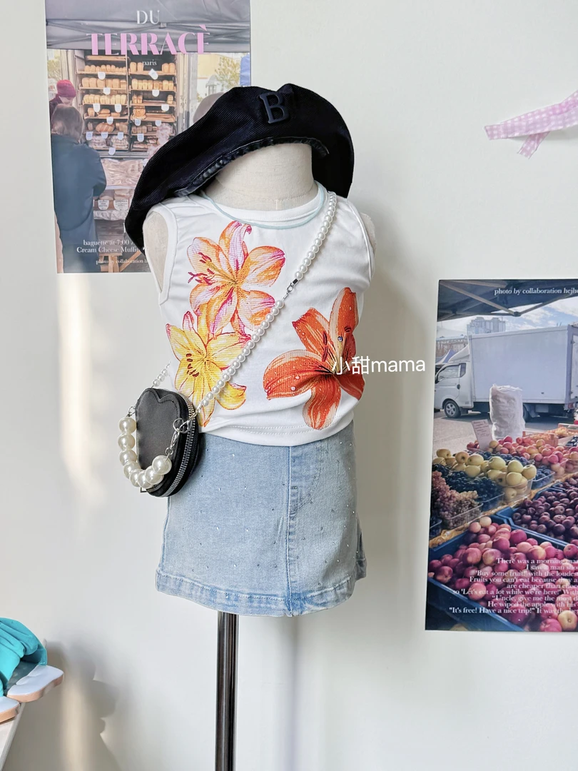 女童夏装花朵背心亮钻半身裙两件套女宝洋气无袖辣妹套装童装潮