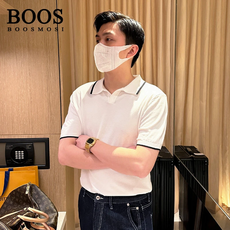 2025夏季舒适透气针织短袖男带领t恤男 轻熟简约修身polo衫男痞帅