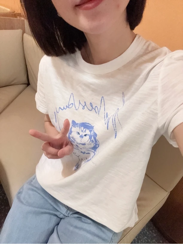 晓夏自制 "猫猫Tee" 25夏季新款 超减龄萌宠亲肤印花百搭短袖T恤