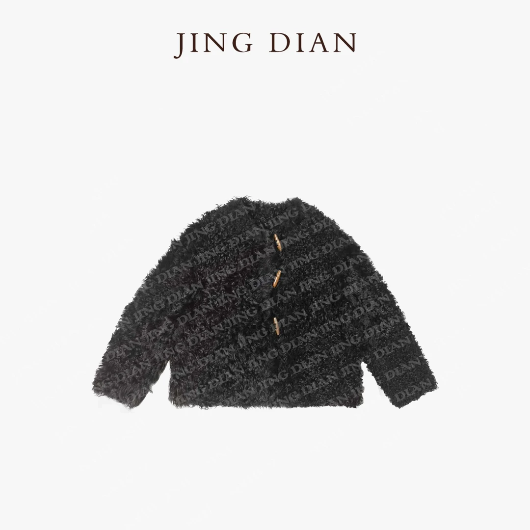 【JING DIAN】定制款黑色牛角扣进口卷毛托卡  轻奢时尚真皮气质