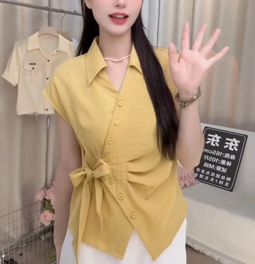 新款时尚百搭气质休闲洋气宽松显瘦v领短袖t恤女士上衣 不对称