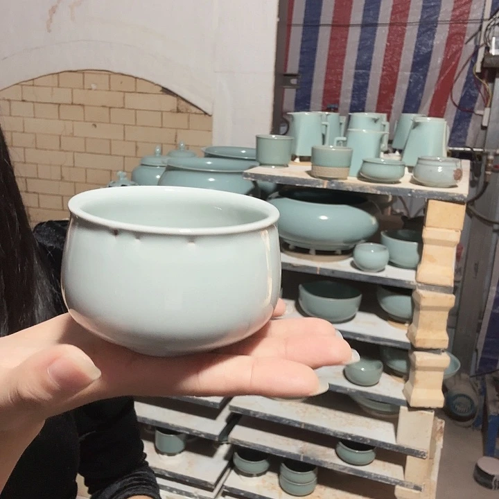 山***月摆件汝瓷缸杯支钉烧月白釉大瑕