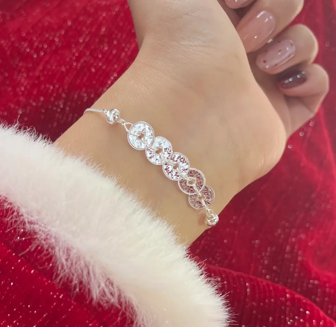 足银手链 999.9钱多多碎冰冰纯银五帝钱手链小众精致同款项链