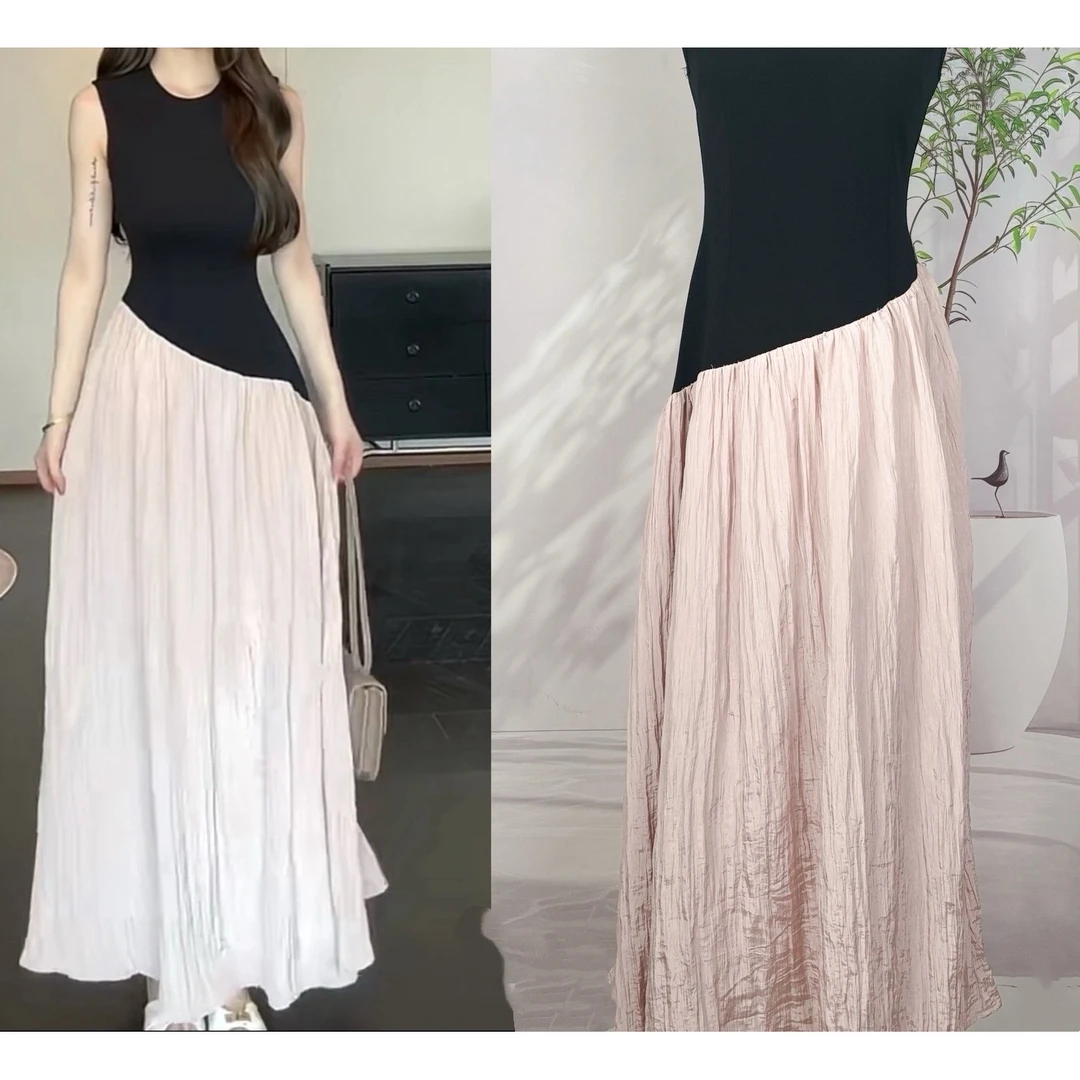 2025新款 灰粉格调 高定千金气质风时尚无袖黑粉撞色拼接连衣裙