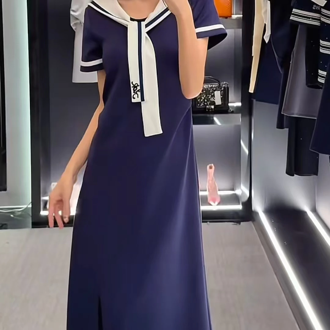 夏日拼接重工刺绣显瘦轻奢简约舒适感气质连衣裙