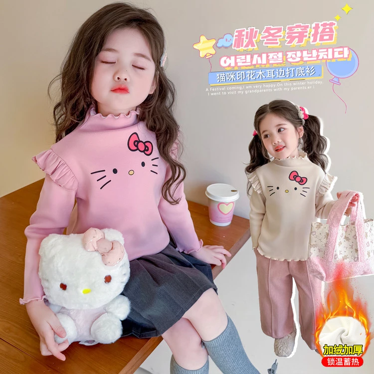 女童木耳边打底衫秋冬装小童加厚一体绒中半高领t恤宝宝保暖上衣