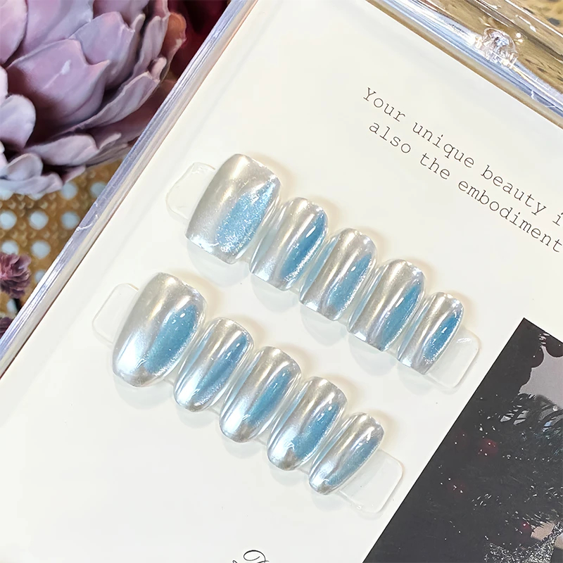 【冰之镜】碎冰蓝蓝色猫眼璀璨星河魔镜粉手工穿戴甲