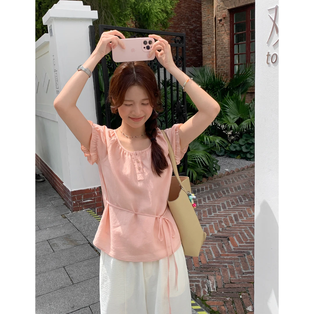 【西西里安】盛夏茉莉~温柔系花边袖系带设计款短袖衬衣